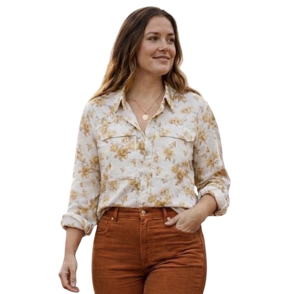 Woolrich Button Down Shirt Cream Floral Cottagecore Fall Womens Size Medium